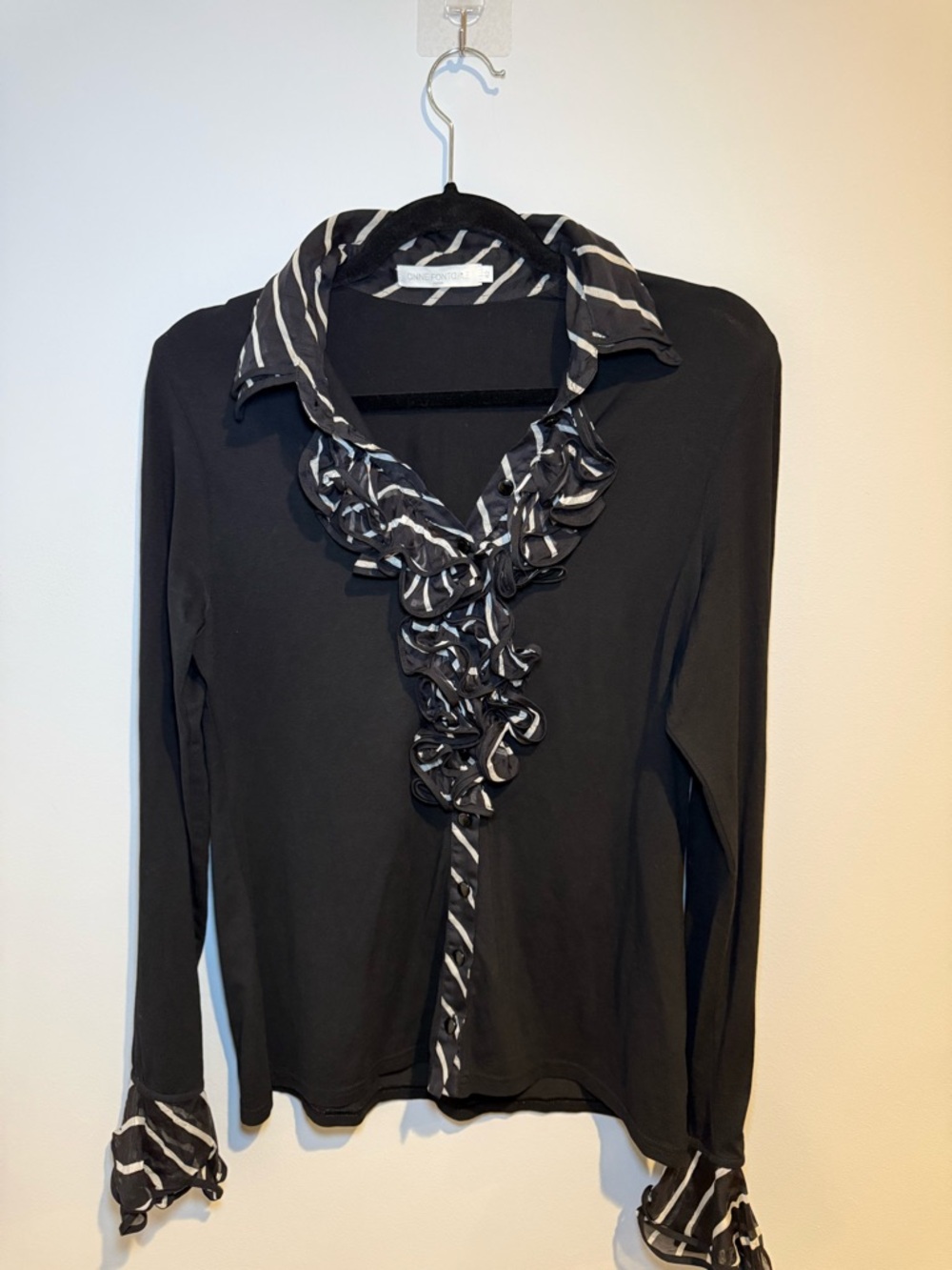 Anne Fontaine Black Button-Down Top with Striped Trim and Ruffle Placket